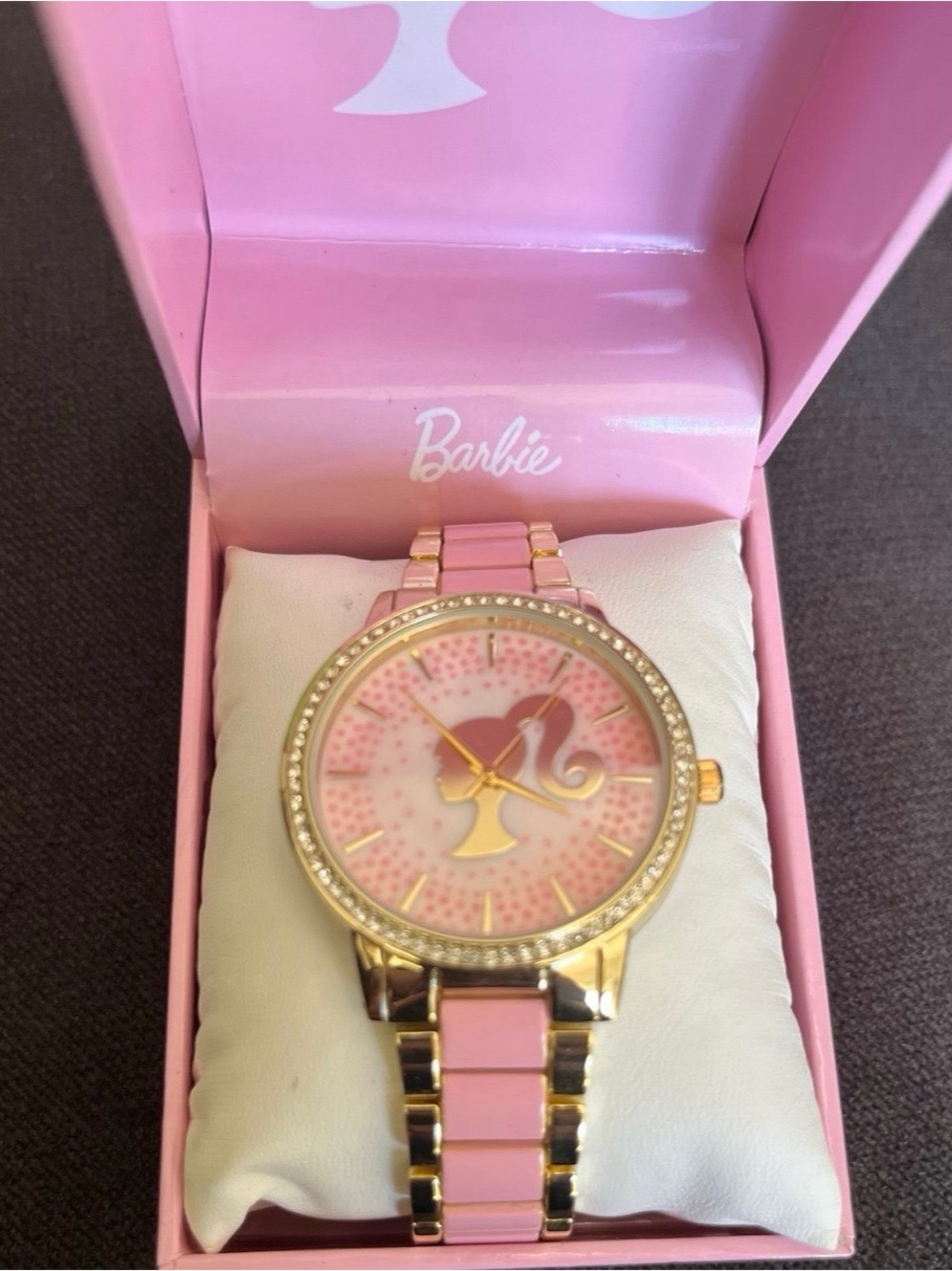 🆕 Barbie Pink and Gold Crystal Accent Ladies Watch